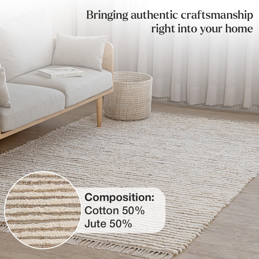 HOMEMONDE Jute Cotton Area Rug 5x8 ft Large Rectangle Hand Woven Natural Farmhouse Rugs for Living Room, Bedroom, Kitchen, High Traffic Area - Rustic Vintage Bohemian (Natural Offwhite)