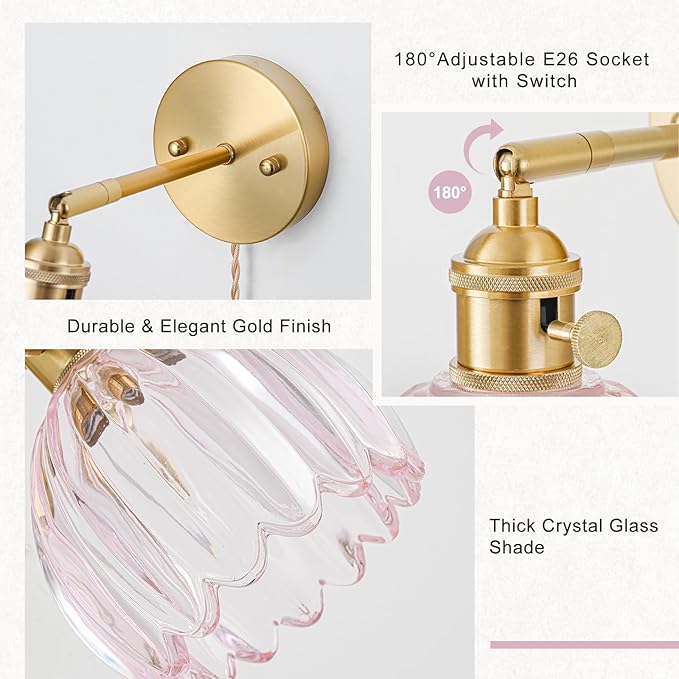 Plug in Wall Sconces Set of 2, Vintage Wall Sconce Light with Tulip Pink Glass Lampshade, 180° Adjustable Wall Sconce with Switch and Plug in wall lamp Cord, Gold Wall Light Wall Decor Set of 2