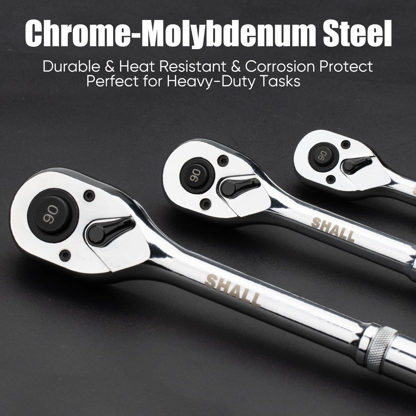 SHALL 90-Tooth 1/2-Inch Drive Ratchet Wrench, Quick-Release & Reversible, Full Polished Ratchet Wrench Made of Chrome Alloy, Gifts for Men Women Dad Mom