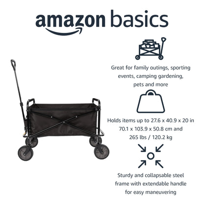 Amazon Basics Collapsible Folding Heavy Duty Utility Wagon for Outdoor Sports, 265 pounds Weight Capacity, Camping, Garden, and Shopping, 27.6 x 40.9 x 20 inches, Black