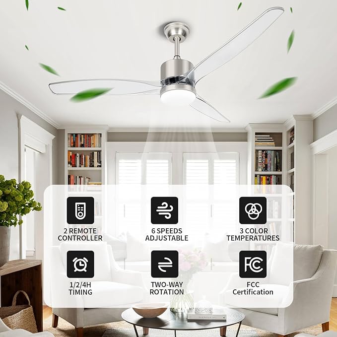 OKELI Clear Ceiling Fan with Light, 52 Inch Brushed Nickel Transparent Ceiling Fans with Light and Remote 3 Reversible Blade LED Ceiling Fan and Light Combo for Living Room, Bedroom, Patio