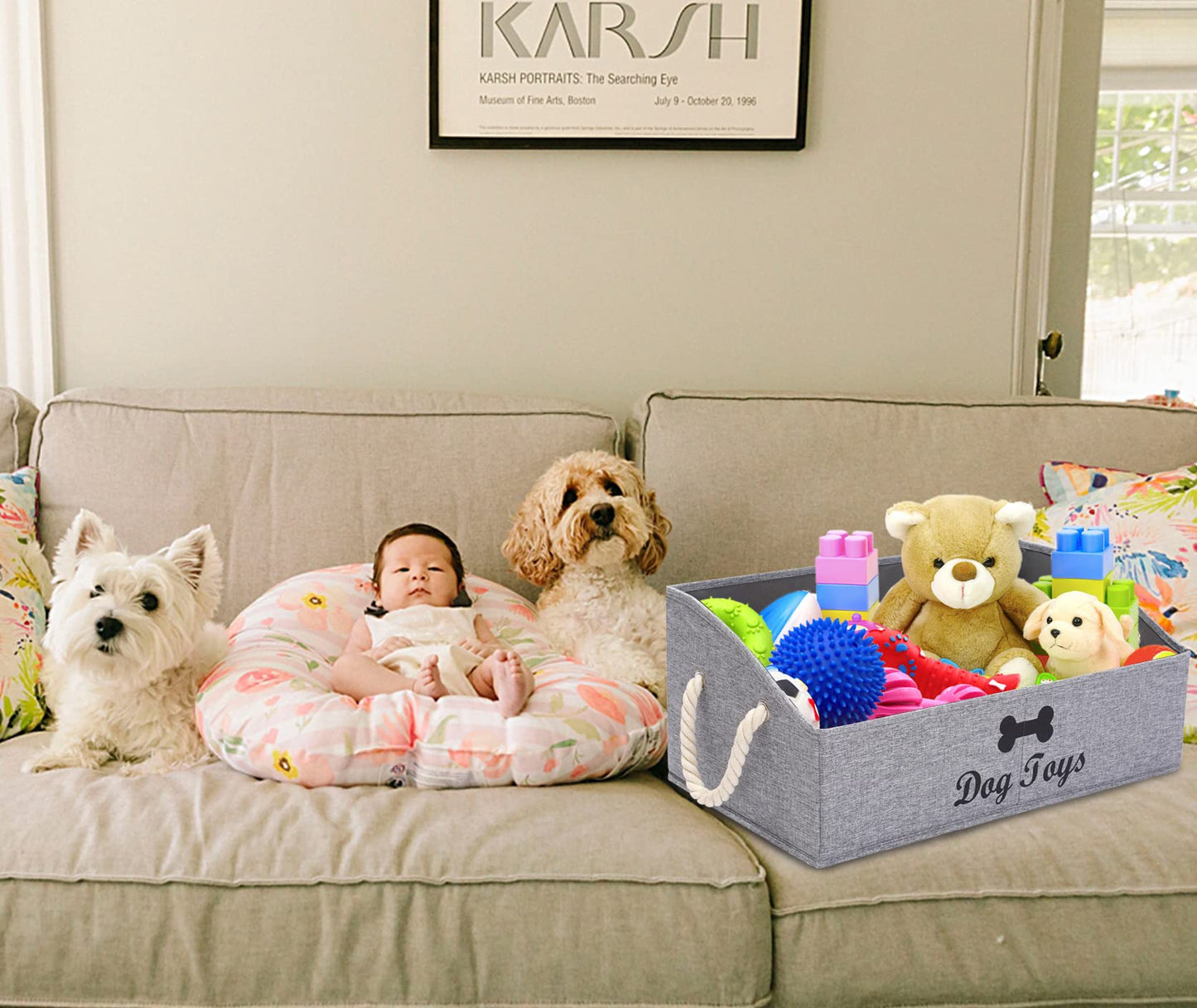Morezi Large Dog Toy Bin - Shallow Toy Baskets for Living Room, Playroom, Closet & Home Organization - Snow Grey
