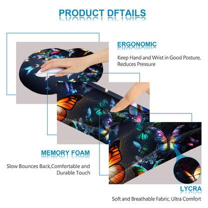 ARTSO Ergonomic Mouse Pad with Wrist Rest, Comfortable Keyboard Wrist Rest, Memory Foam Mousepad for Computer Keyboard, Mouse Pad Set for Easy Typing, Pain Relief, Night Butterfly
