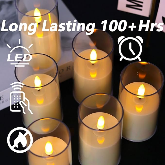 6 Pack Acrylic Flickering Flameless Candles with Remote, 2"X4" Candles Battery Operated, Flickering LED Warm Glow Tealight for Home Decor, with 4 Timers 100+Hours + 2 Lighting Modes, Included Battery
