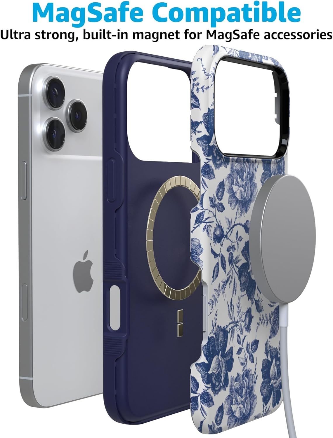Casely iPhone 17 Pro Max Case | Rose to Fame | Blue & White Rose Floral | Compatible with MagSafe | Bold Protective Design