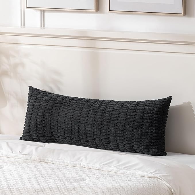 Fancy Homi Black Long Body Lumbar Decorative Throw Pillow Covers 14x36 Inch for Bed Couch Bedroom Bench, Soft Corduroy Rectangle Solid Pillow Case, Rustic Farmhouse Boho Room Decor