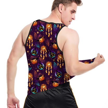 AIMPACT Mens Mesh Halloween Print Tank Tops Sleeveless Quick Dry Muscle Tank Tops Mens Shirts for Workout Gym Jogging (Pumpkin L)