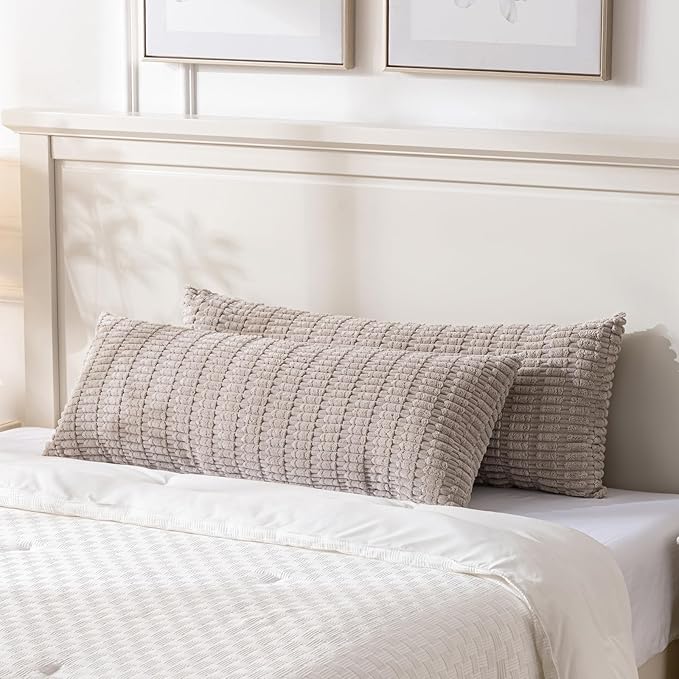 Fancy Homi Taupe Long Lumbar Decorative Throw Pillow Covers 14x36 Inch for Bed Couch Bed Sofa, Rustic Farmhouse Boho Room Decor, Soft Striped Corduroy Rectangle Cushion Case 35x91 cm