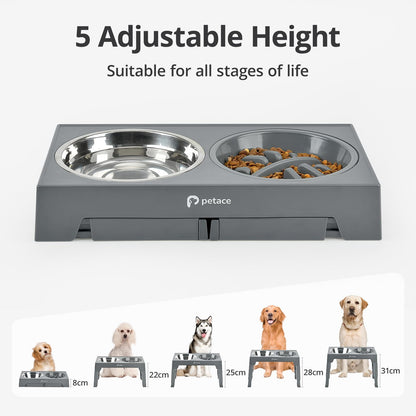 Petace Elevated Dog Bowls for Large Dogs, Raised Dog Bowl Stand with Slow Feeder Bowl & 2 Stainless Steel Dog Food Bowls, 5 Heights Adjustable for Small Medium Large Dogs and Pets