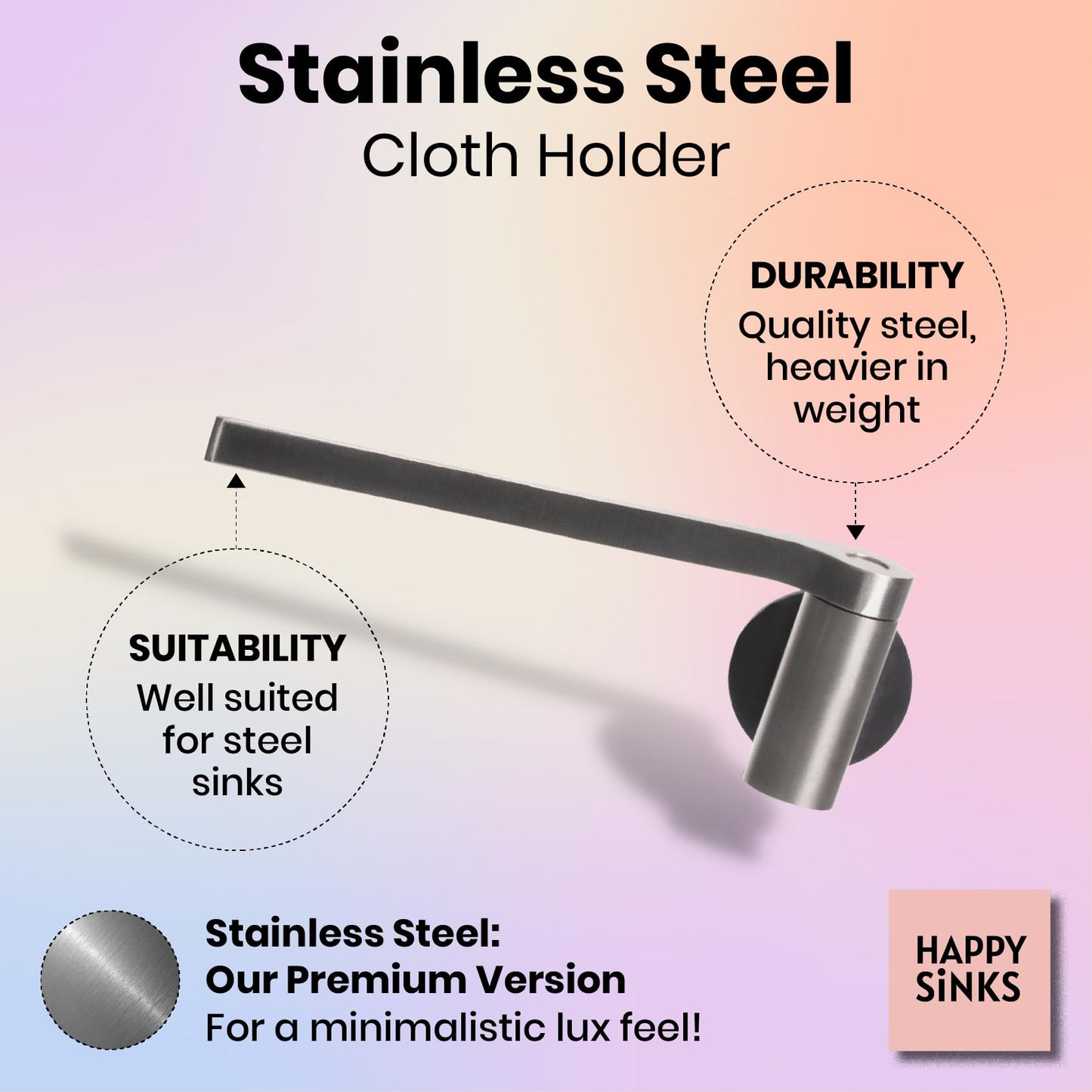 HAPPY SINKS Magnetic Dish Cloth Holder - Suitable for Metal Sinks - Strong Magnetic Backing - Sustainable Kitchen Solution - Wash Rag Hanger - (Steel)