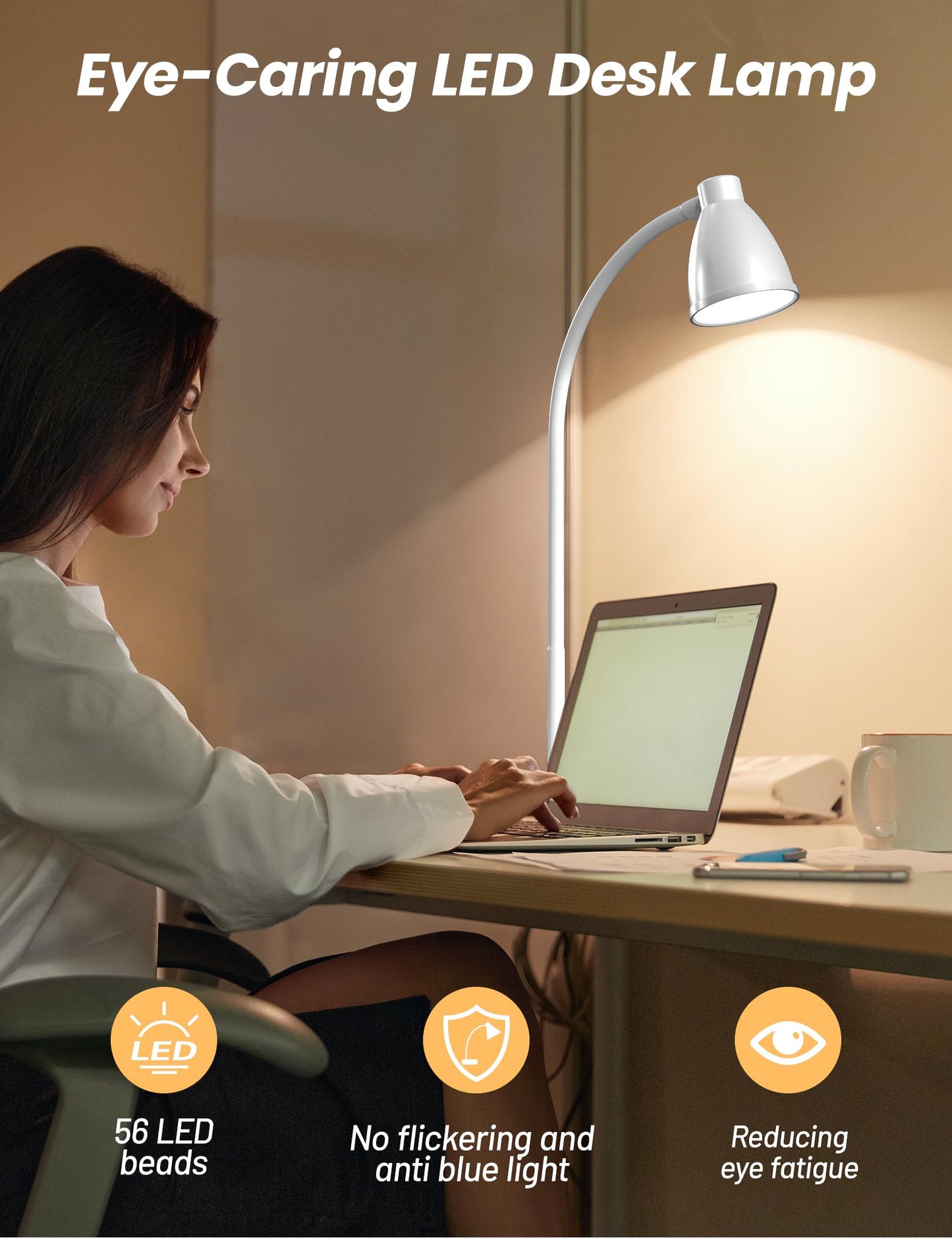BOHON LED Table Lamp with USB Charging Port, 3 Color Modes Dimmable Reading Lamp, Automatic Dimming Task Lamp, Flexible Goose Neck Table Lamp for Dorm Bedside Table with Adapter, White