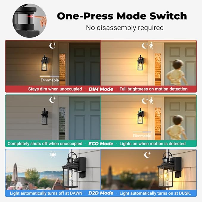 Outdoor Porch Light with GFCI Outlet, Black Motion Sensor Exterior Lighting Fixtures Wall Mount for House with Water Ripple Glass, Anti-Rust Waterproof Outdoor Wall Sconce Lantern for Garage