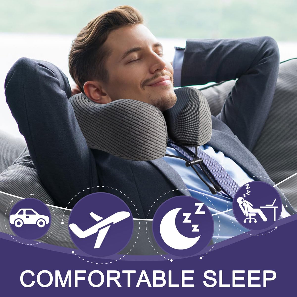 napfun Neck Pillow for Traveling, Upgraded Travel Neck Pillow for Airplane 100% Pure Memory Foam Travel Pillow for Flight Headrest Sleep, Portable Plane Accessories, Light Grey