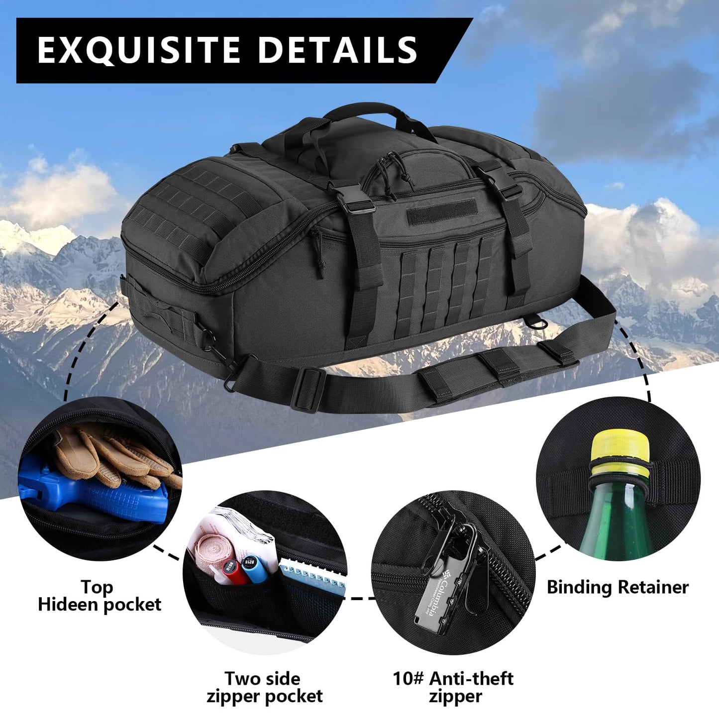 Hannibal Tactical 65L Large Duffle Bag, 3-in-1 Tactical Backpack MOLLE Pack for Sports, Gym, Outdoor, Black