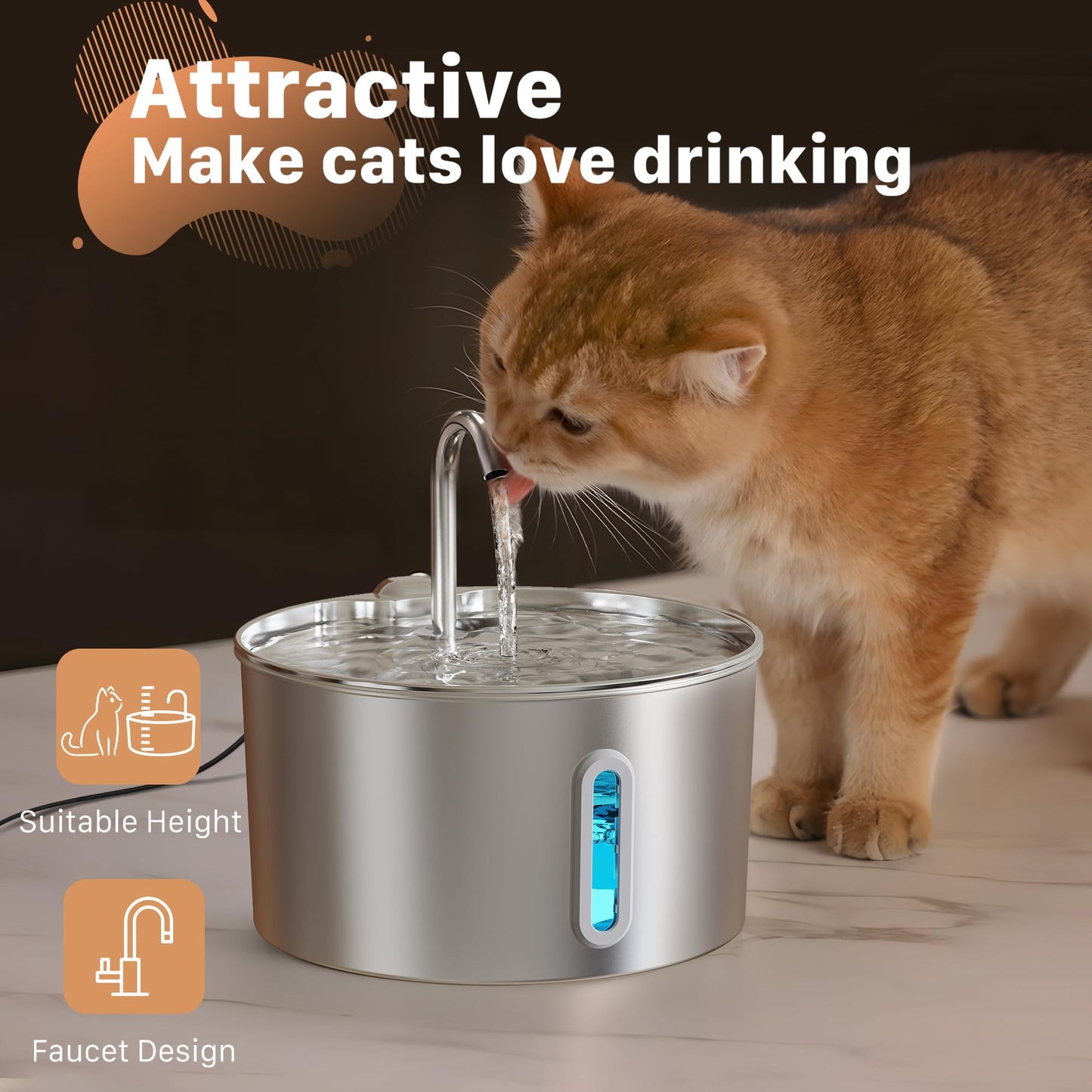 Cat Water Fountain Stainless Steel: 2.2 L Cat Fountain for Drinking - Automatic Pet Water Fountain for Cats Inside - Metal Cat Dog Water Dispenser Bowl with Faucet Water Level Window Ultra Quiet Pump