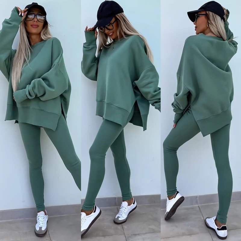 Adogirl Sweatsuit for Women Casual Two Piece Outfits Oversized Pullover Sweatshirts with Thumb Hole Slit Ribbed Pants Green M