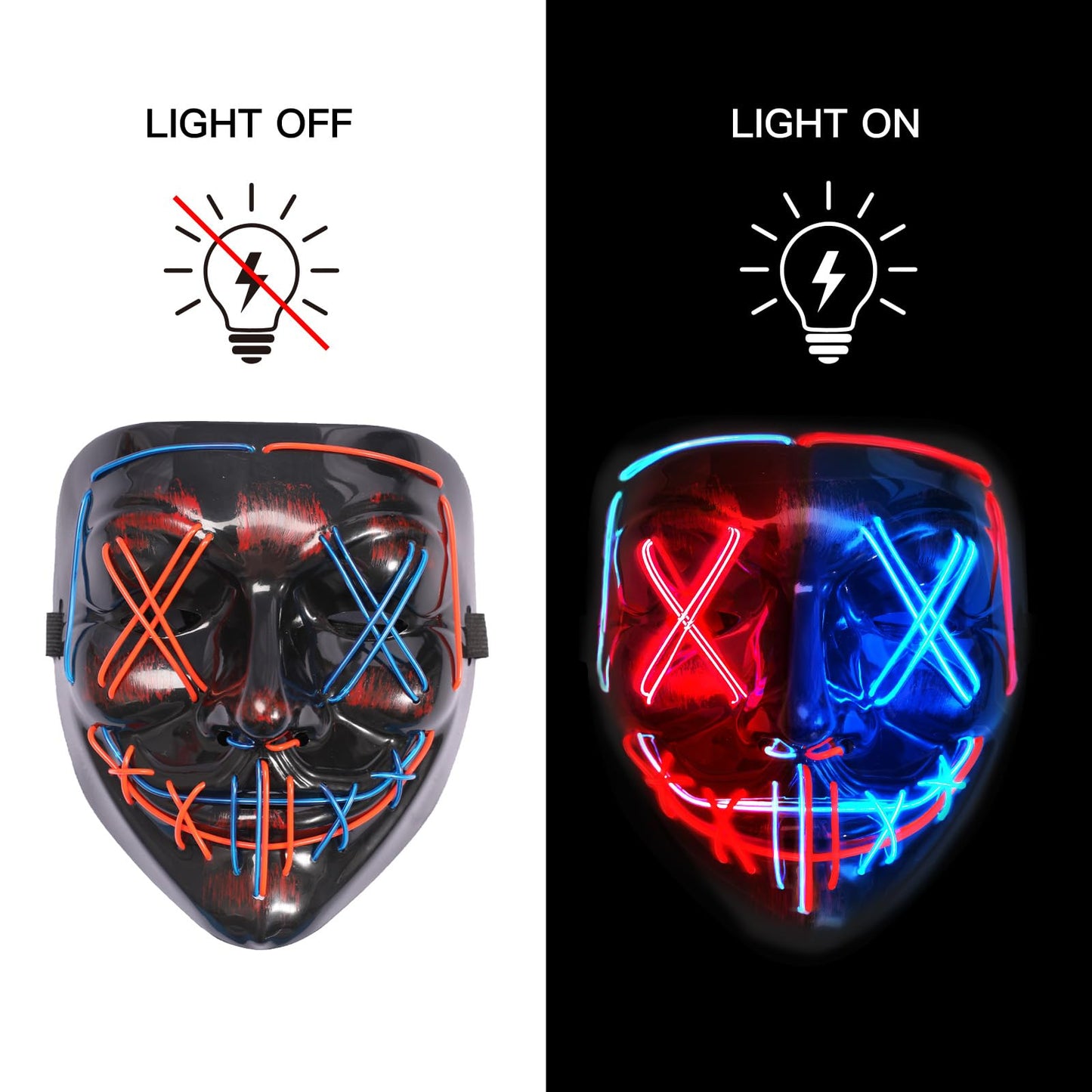 Onsucum Halloween LED Light Up Mask, Scary Glowing Mask for Cosplay Costumes, Festival, Carnival Party Supplies Gifts (Blue & Red)
