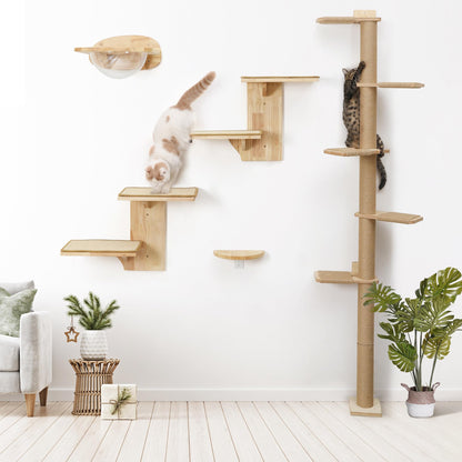 FUKUMARU Tall Cat Tree, 5 Tier Floor to Ceiling Cats Tower, Wall-Mounted Kitten Scratching Post, Wild Simulation Kittens Wall Shelves, Suitable for Climb, Scratch, Lookout and Play