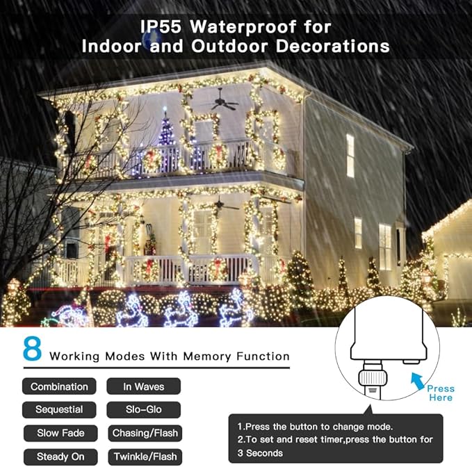 AmyHomie Color Changing Christmas Lights, 108Ft 300LED White Warm White Christmas String Lights, 8 Modes Waterproof Fairy String Lights for Outdoor & Indoor Christmas Tree Home Patio Garden Decor