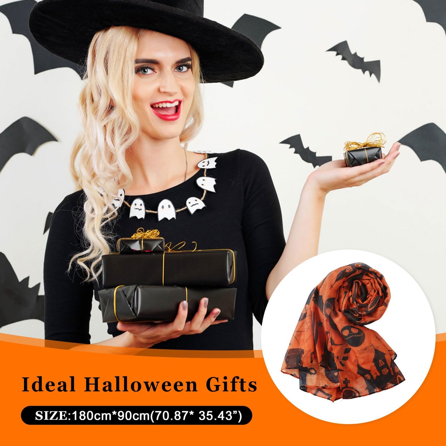 E-Clover Halloween Orange Scarf for Women Lightweight Cotton Voile Cute Printed Scarves Fall Fashion Shawl Wraps