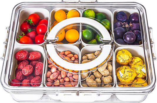 HRXFOZ Divided Serving Tray with Lid and Handle,8 Compartments Snacks Box,Snack Fruit and Veggie Tray,Portable Platter for Candy Fruits Nuts Snack Party Entertaining Picnic (1 PCS)