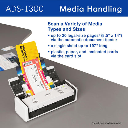 Brother ADS-1300 Compact Desktop Scanner | Scan Speeds of Up to 30ppm | Single Pass Double-Sided Scanning