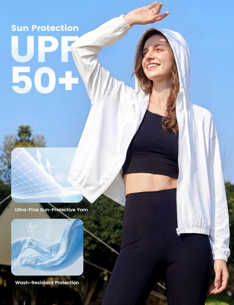 Wyeysyt Women's UPF 50+ UV Sun Protection Cropped Jackets Athletic Running Workout Shirts Zip Up Hoodie Outdoor Jackets(White-M)