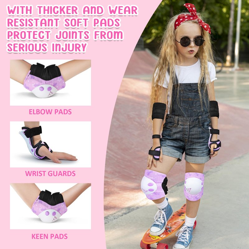 AuSletie Knee Pads for Kids Girls Protective Gear Set Adjustable Knee Pads and Elbow Pads Set with Wrist Guard for Girls Kids Toddler Roller Skates Bike Cycling Skateboard Scooter (Purple Unicorn)