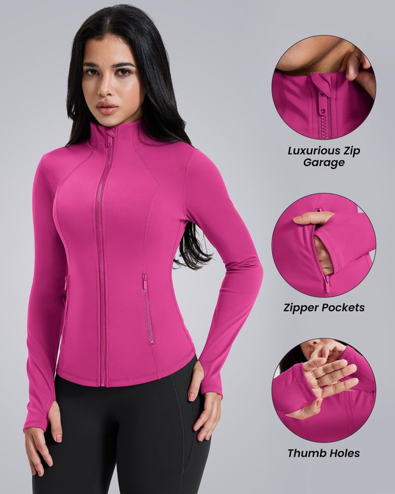 AVGO Womens Workout Jackets Lightweight Athletic Zip Up Jacket Slim Fit Running Gym Top with Pockets & Thumb Holes(Hot Pink, XS)