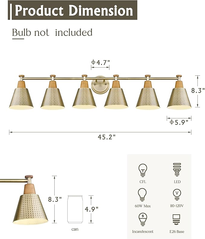 FEMILA Brass Light Fixture Bathroom, 6 Light Brushed Gold Vanity Light, 45.3" Bathroom Lighting Fixture Over Mirror, 4FG59B-6W BG