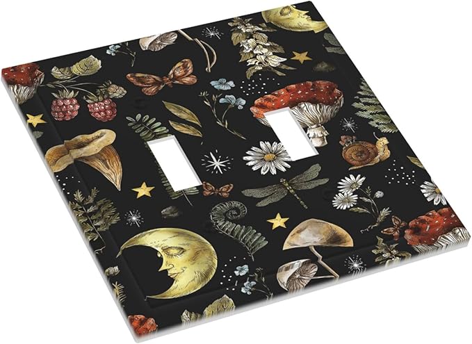 Nature Plant Botanical Daisy Mushroom Snails And Moon Double Toggle Light Switch Cover Decorative 2 Gang Wall Plate Electrical Switchplate Faceplate for Bathroom Decorate Accessories