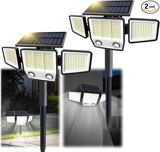 Solar Motion Sensor Outdoor Lights Waterproof - 3000LM 3 Modes Security Lights Outdoor 270° Illumination IP65 LED Solar Flood Wall Light for Garden Yard Patio Pathway (with Stakes, 2)