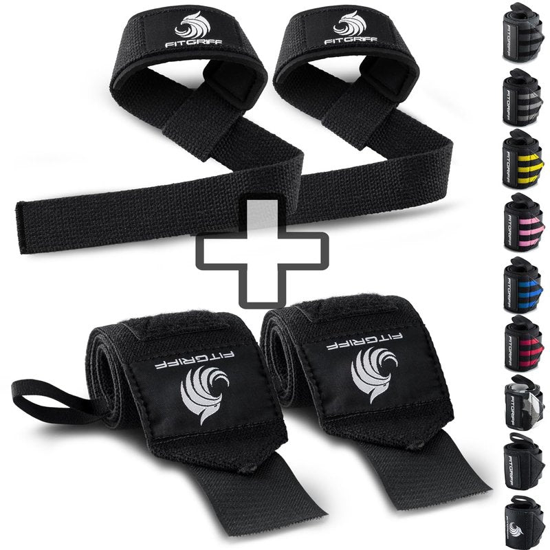 Fitgriff® Lifting Straps & Wrist Wraps (Bundle) Superior Support for Weightlifting & Gym Workouts - for Men and Women (Black Original)