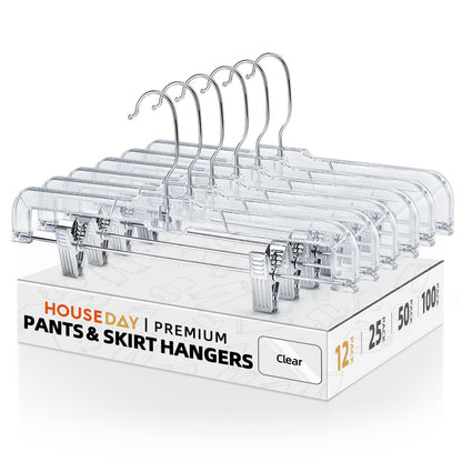 HOUSE DAY 12 Pack 14 inch Clear Plastic Skirt Hangers with Adjustable Clips, Pants Hangers 360-Rotating Swivel Hook, Clip Hangers for Pants, Trousers, Skirts, Jeans, Bulk Plastic Hangers