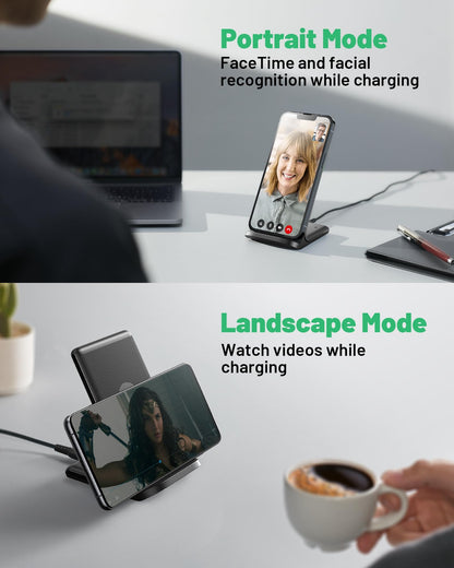 INIU Wireless Charger Stand, 15W Qi Fast Charging Dock Phone Charger, Adaptive LED Wireless Charging Station for iPhone 17 16 15 14 13 12 11 9 8 XR, Samsung S23 S22 S21, LG V40 G8, Pixel 8 7 6 etc.