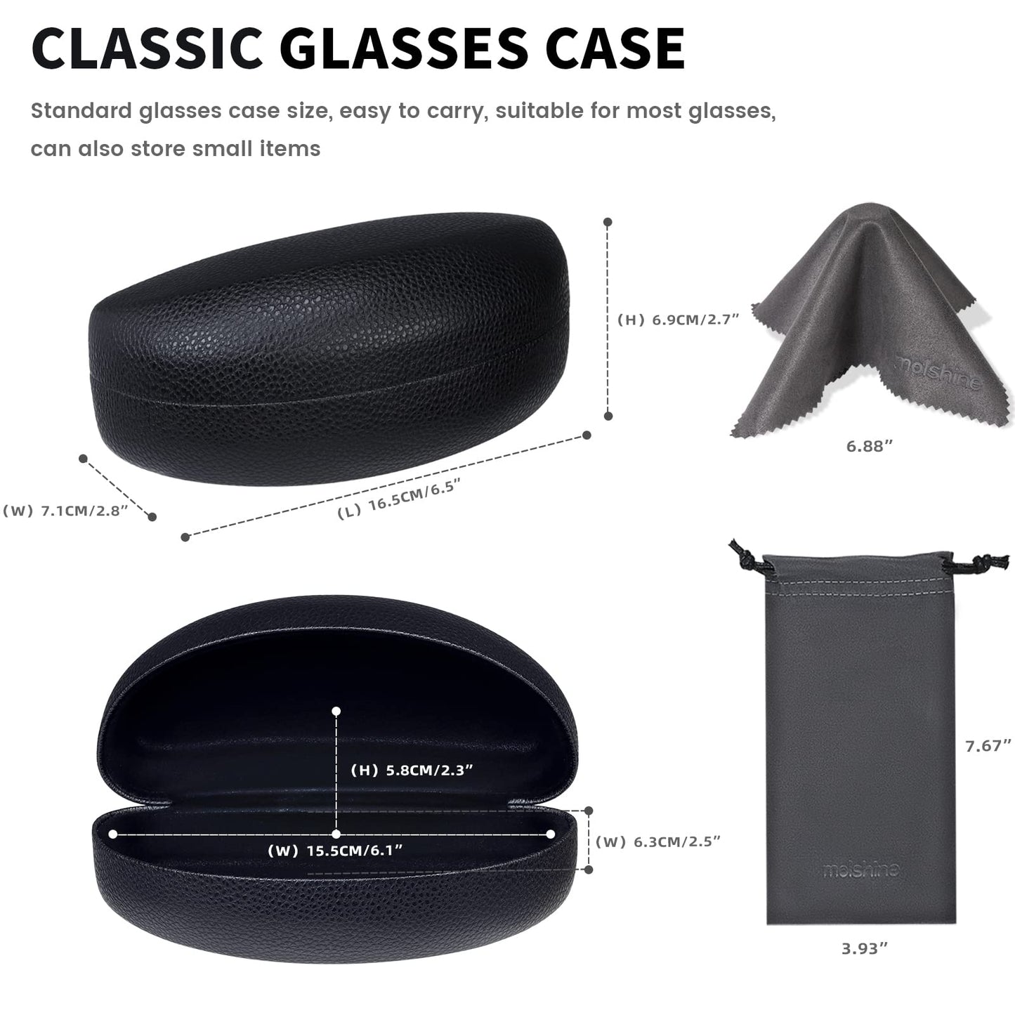 molshine Hard Shell Sunglasses Case,Classic Large Glasses Case with Cleaning Cloth and Pouch for Women Men Travel(Black)