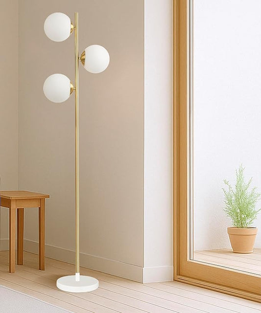 HarvestLand SphereRise Brass Floor Lamp – Globe Floor lamp with Solid Base and 3 Light Glass Floor lamp, mid Century Modern Design