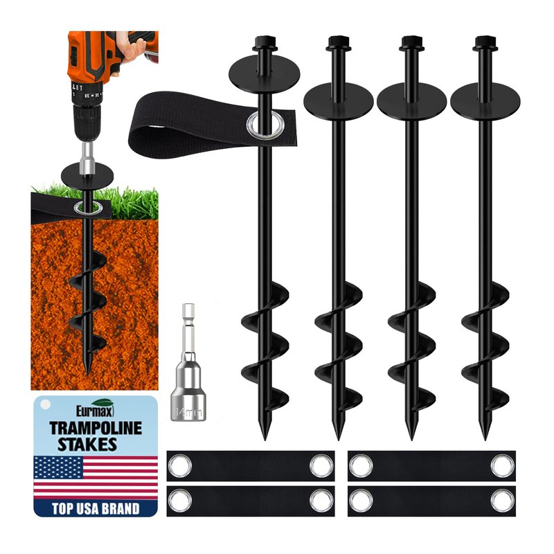 Eurmax USA 4 Pack Universal Ground Anchors High Wind, Heavy Duty Screw-in Trampoline Stakes with 4 Straps, Upgraded Commercial Anchor Kit for Outdoor Sheds, Swing Sets & Mobile Homes (Black)