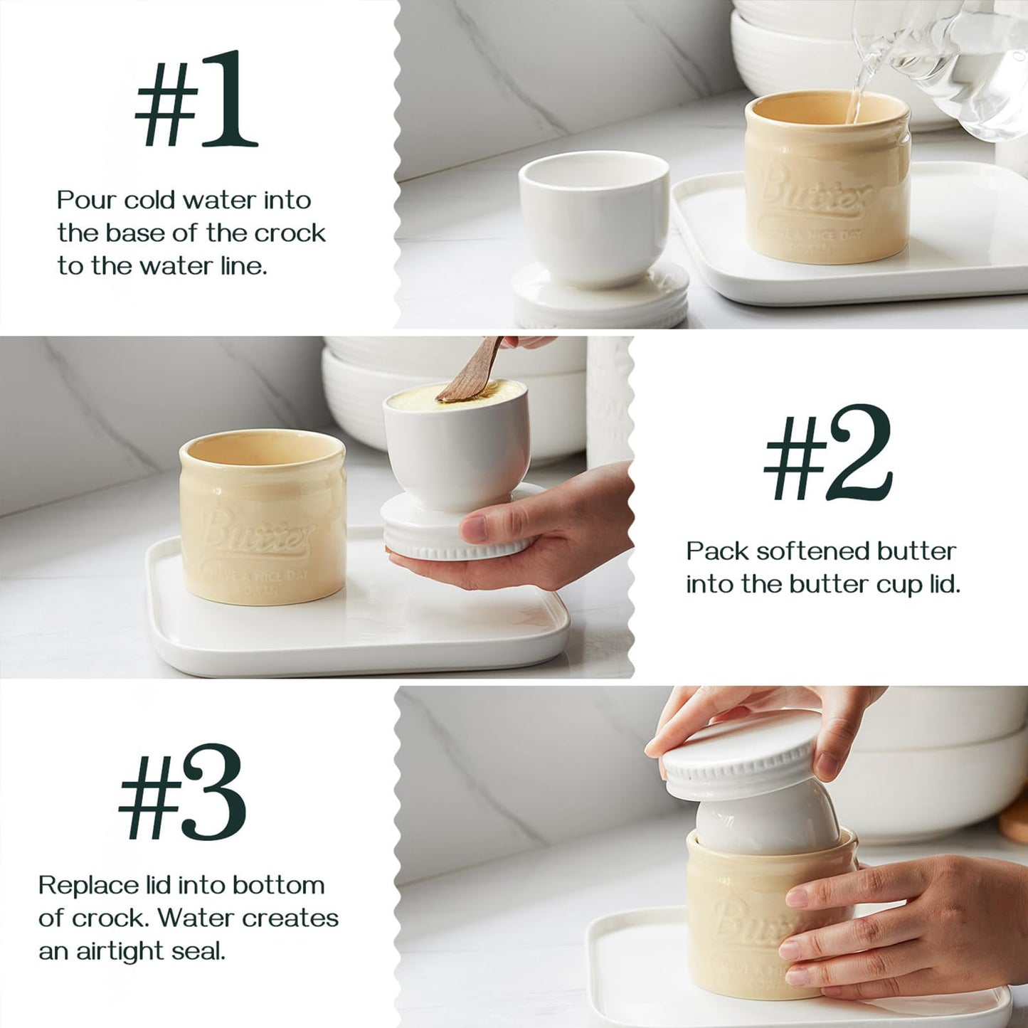 DOWAN Butter Dish, French Butter Crock With Lid for Spreadable Soft Butter, Porcelain Butter Keeper With Waterline for Counter, Embossed Butter Container Home Gift Kitchen Decor, Beige