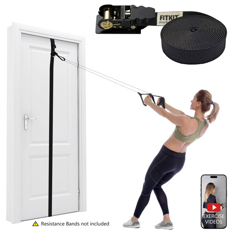 FITKIT Door Sliding Anchor for Resistance Bands, Adjustable Mount with Multi-Points for Home Gym, Fits 6-8ft Doors