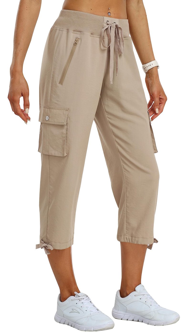 MoFiz Womens Capris with Pockets Loose Fit Casual Capri Pants Lightweight Ladies Cargo Pants for Hiking Khaki M