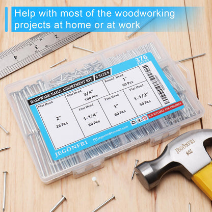 376pcs Premium Hardware Nails Assortment Kit, Maximum Length 2 Inches Galvanized, Picture Hanging, Wood, Wall With Storage Box | 6 Sizes