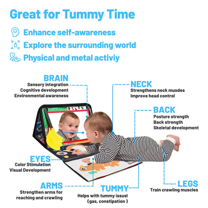 Baby Mirror Toys for Tummy Time, Newborn Infant 0 3 4 6 12 Months Old Boy, Girl Gift. Brain Developmental Montessori Sensory High Contrast Crinkle Book w Safe Mirror for Floor, Crib, Car, Bouncer