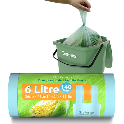 GreFusion 6L Tie Handle food waste Bags 140 count Extra Thick compostable caddy liners 6 litre with Handles