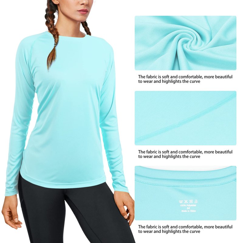 isnowood Swim Shirts for Women, UPF 50+ UV Sun Protection Long Sleeve Shirt, Lightweight Quick Dry Workout Hiking Running Rash Guard Top Baby Blue