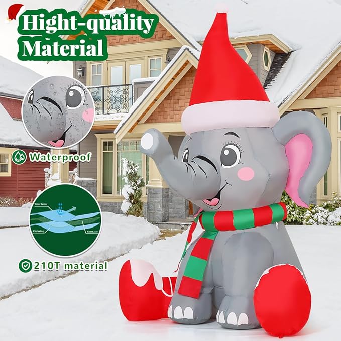 GOOSH 5 FT Christmas Inflatable Elephant Outdoor Decorations Blow Up Yard Wearing a Santa Hat with Built-in LEDs for Garden Lawn Indoor Party Decor