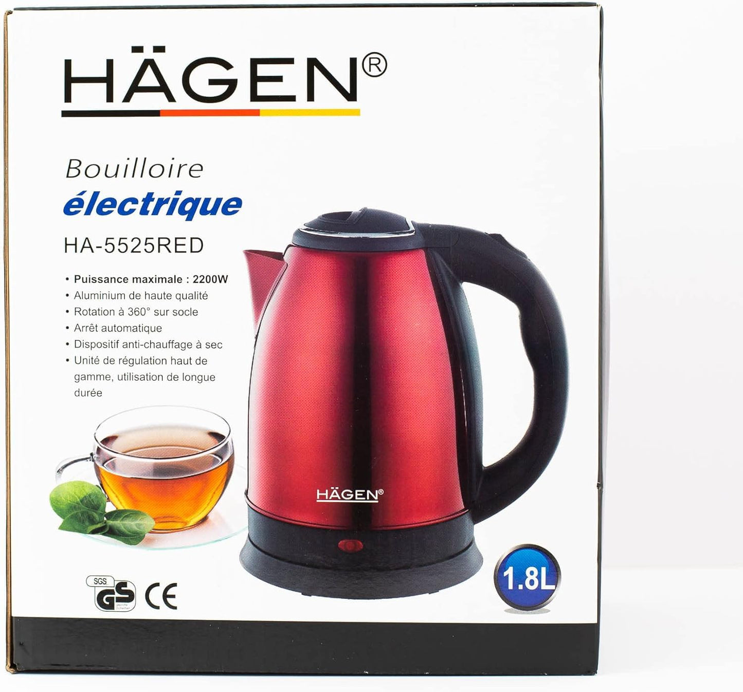 Hagen - Stainless Steel Electric Wireless Kettle 1.8L Hagen HA5525-RED Red