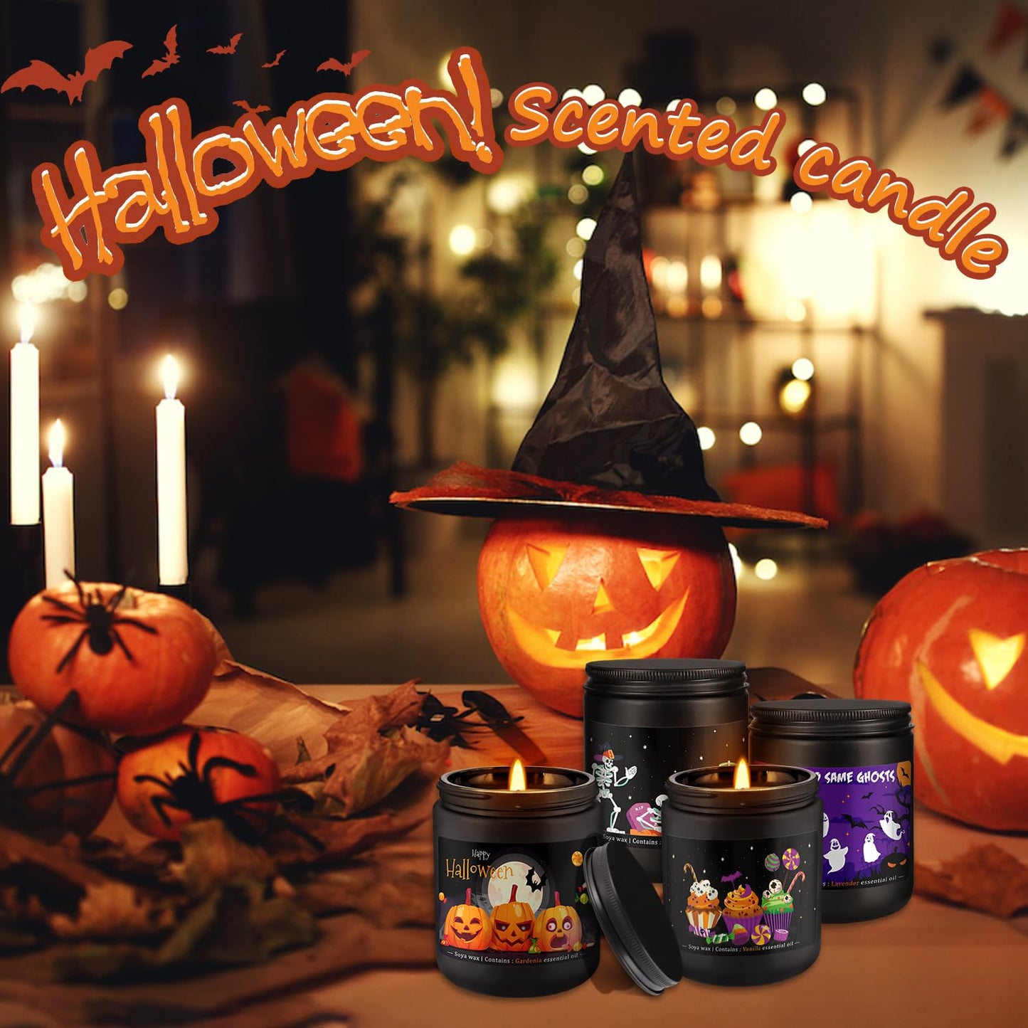 Wfmolcand Halloween Candle Set, 4 Pack Scented Candles Gift with Pumpkin|Skull|Ghost|Witch|, Long Lasting Burn Candles (7 oz Each), for Halloween Decorations Indoor, Candle Gift Set for Holiday.