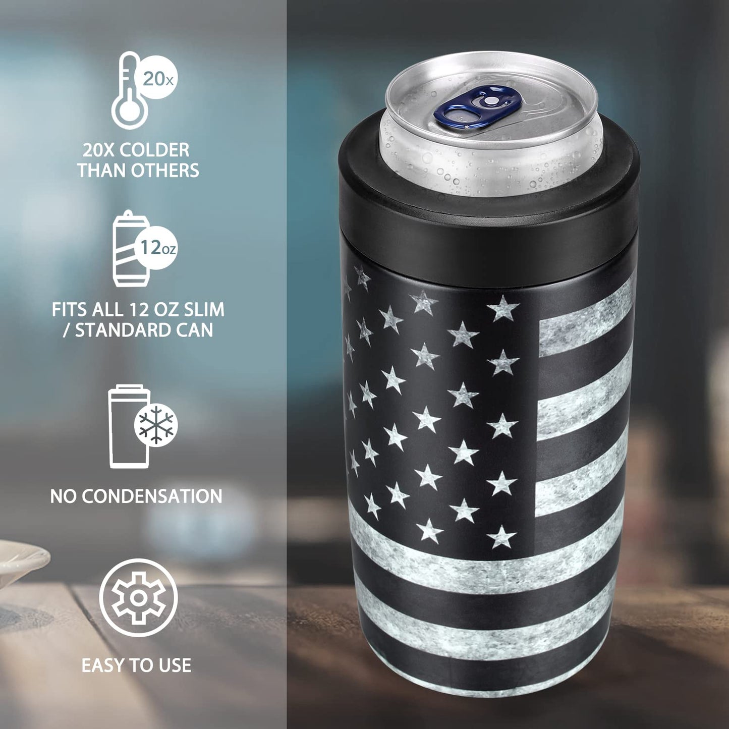4-in-1 Slim Can Cooler Easy to Hold Insulated Beer Can Holder Double-walled Stainless Steel for All 12 Oz Cans Gift (Black America Flag 2)