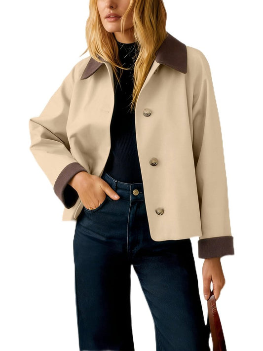 Lviefent Womens Contrast Collar Jacket Casual Button Down Long Sleeves Crop Trench Coat Outerwear with Pockets (Khaki-M)